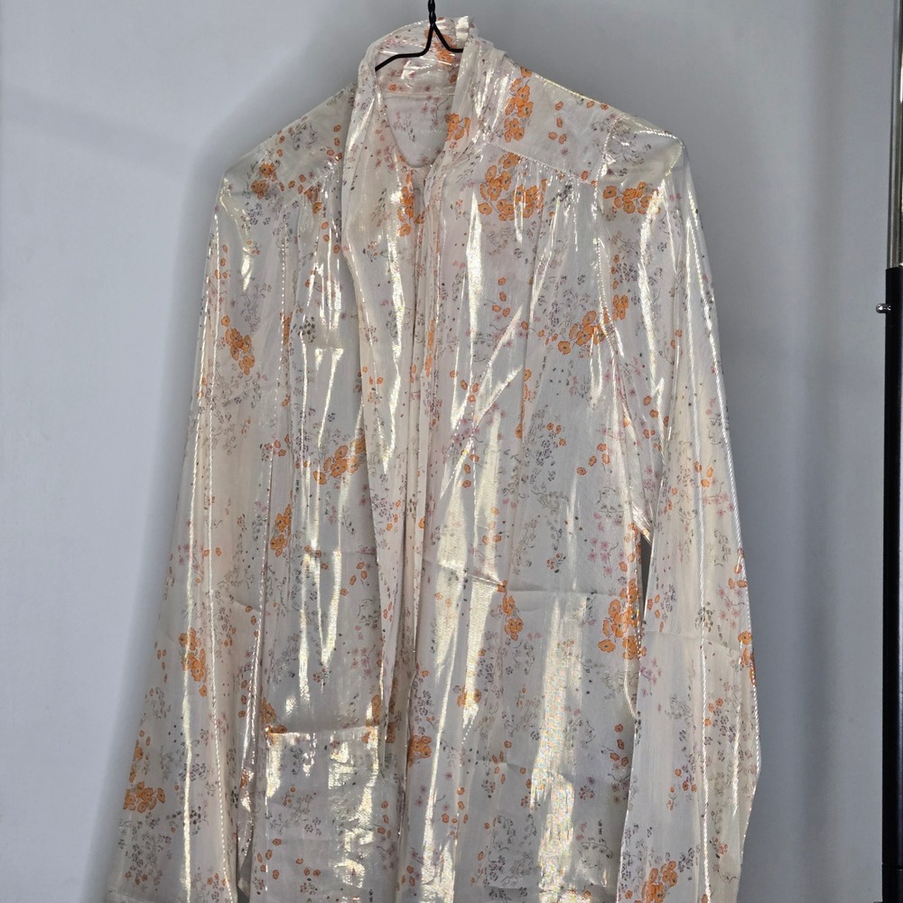Zadig & Voltaire Floral Print Button Up Shirt Sheer Metallic Gold Accents